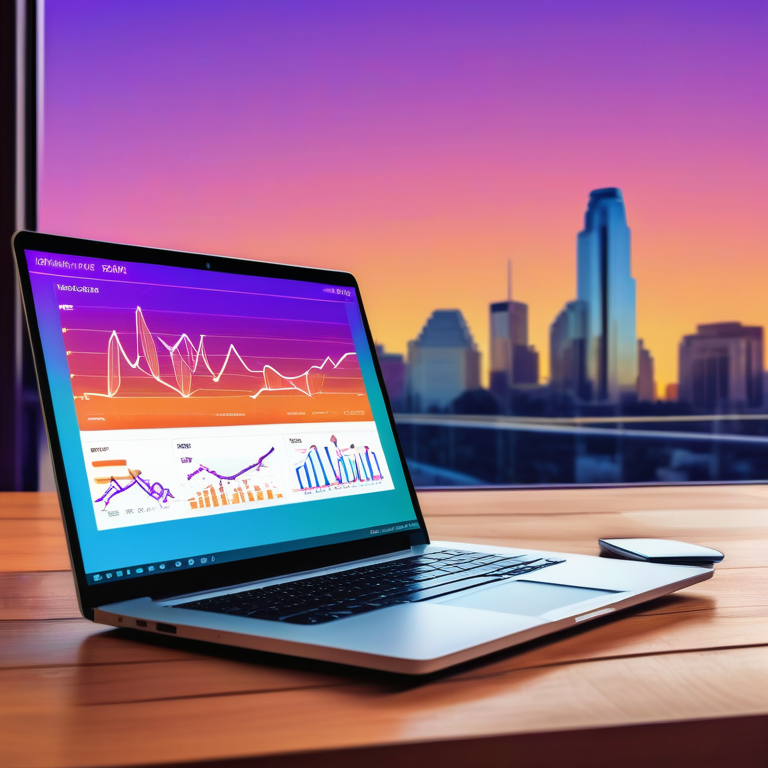 Laptop with SEO analytics on screen and a stylized Austin skyline at dusk in the background.