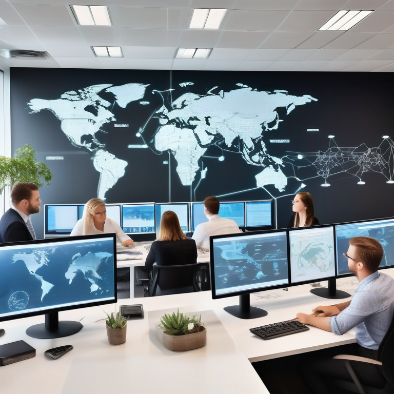 A team of professionals working on SEO analytics in a well-lit modern office, indicating a global client base.