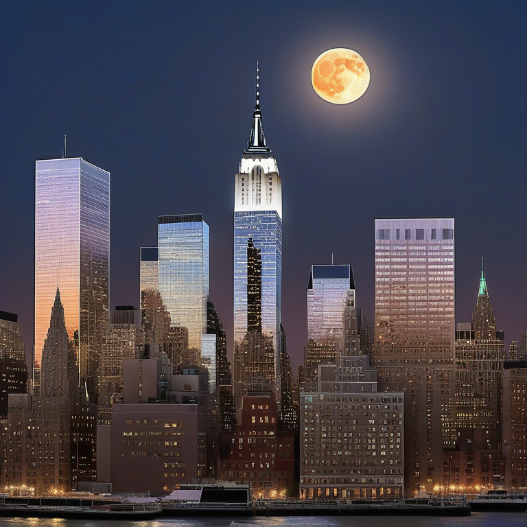 Illustration of NYC skyscrapers symbolizing top SEO agencies with vibrant windows and interconnected networks under a full moon.