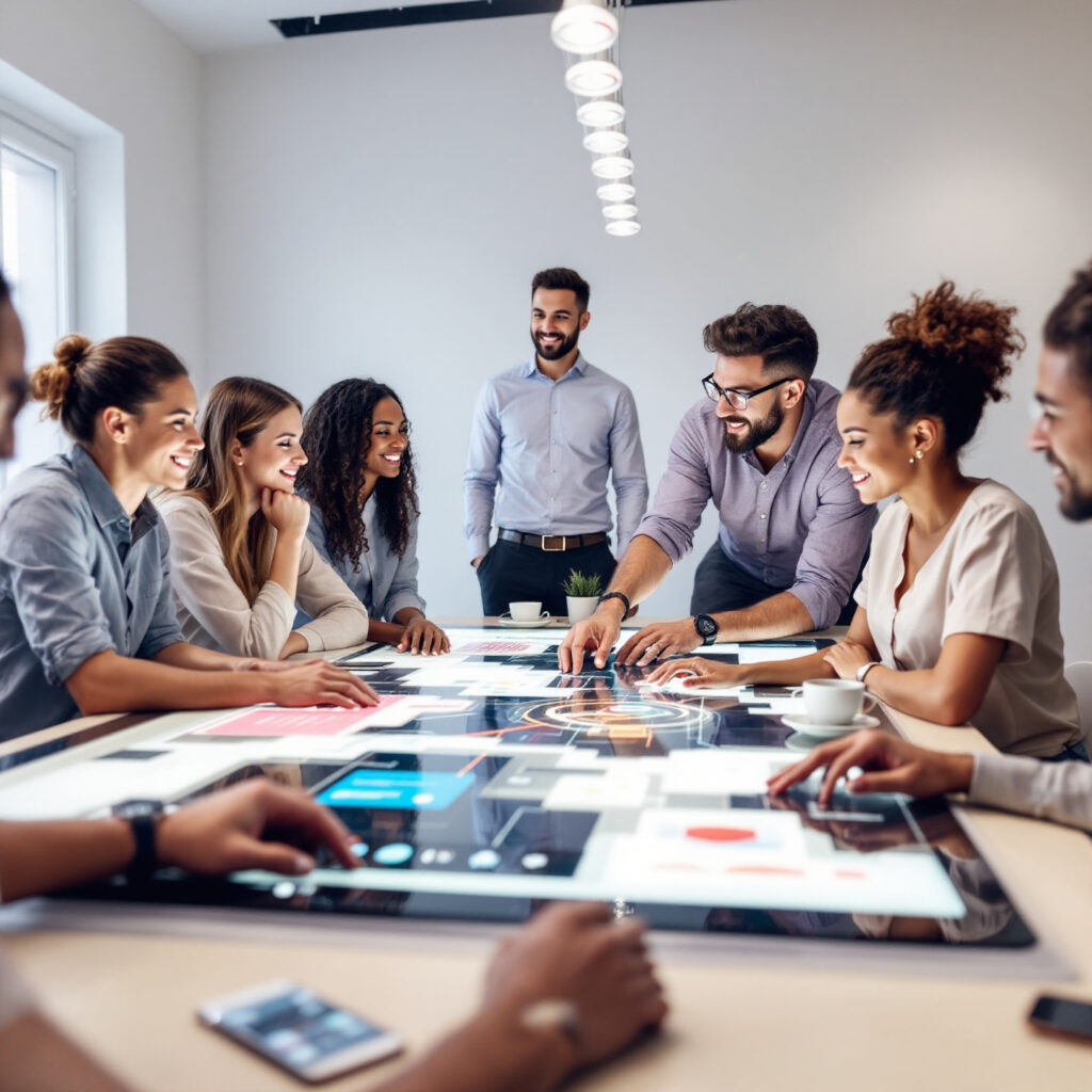 A group of individuals in a meeting to discuss technology choices